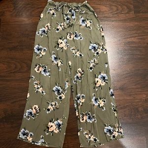 Green flower print high waist flowy pants